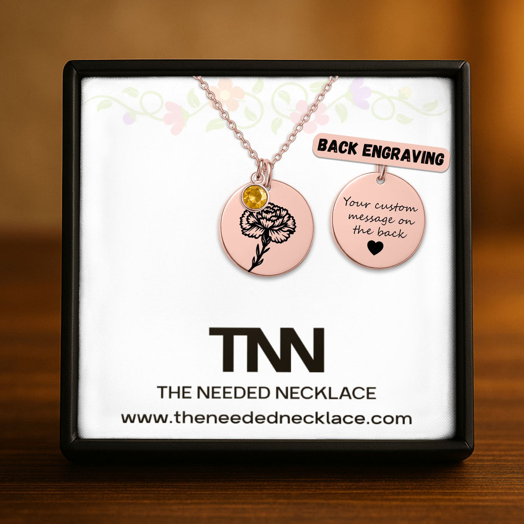 Birth Flower Necklace with Birthstone - Fine Link Coin Necklace