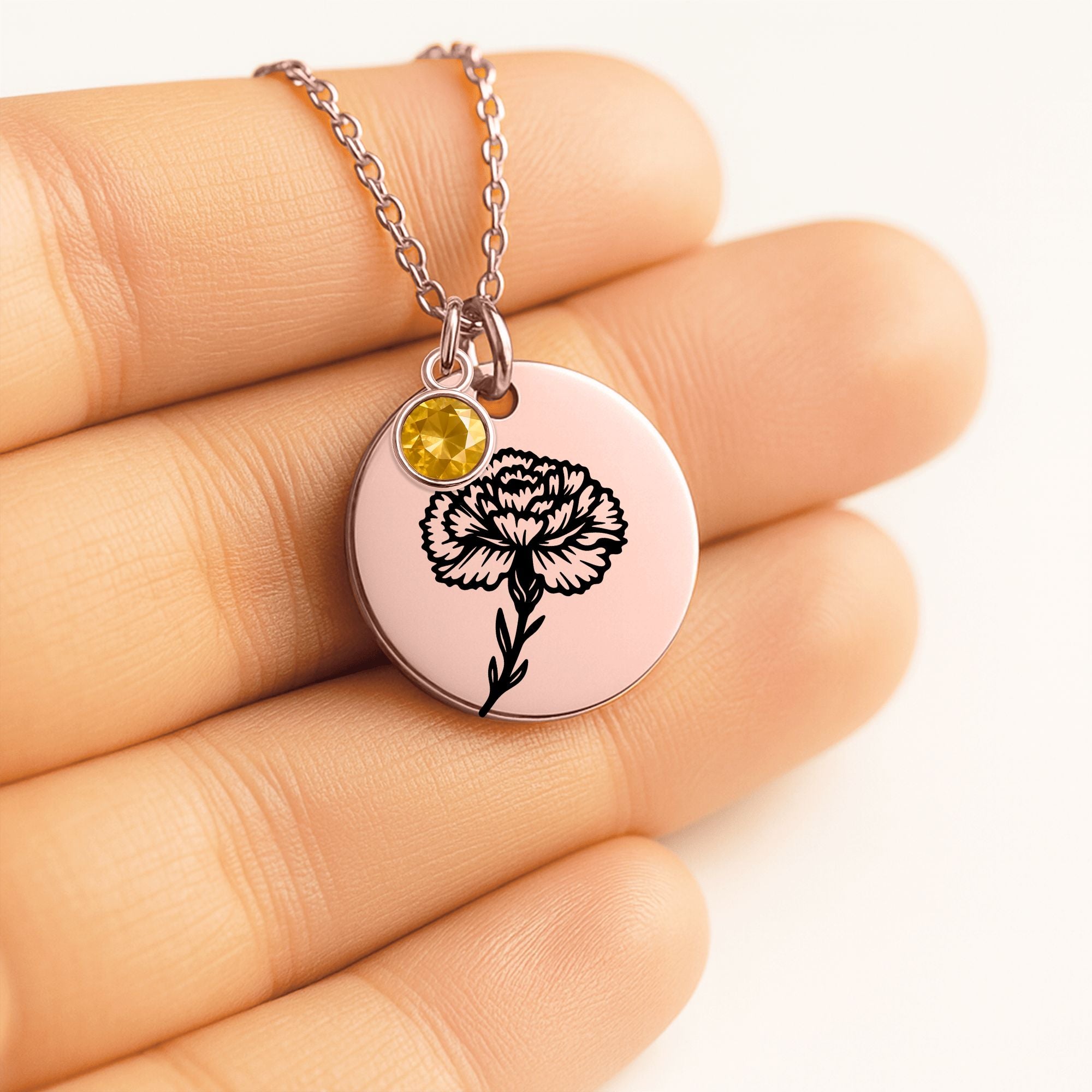 Birth Flower Necklace with Birthstone - Fine Link Coin Necklace