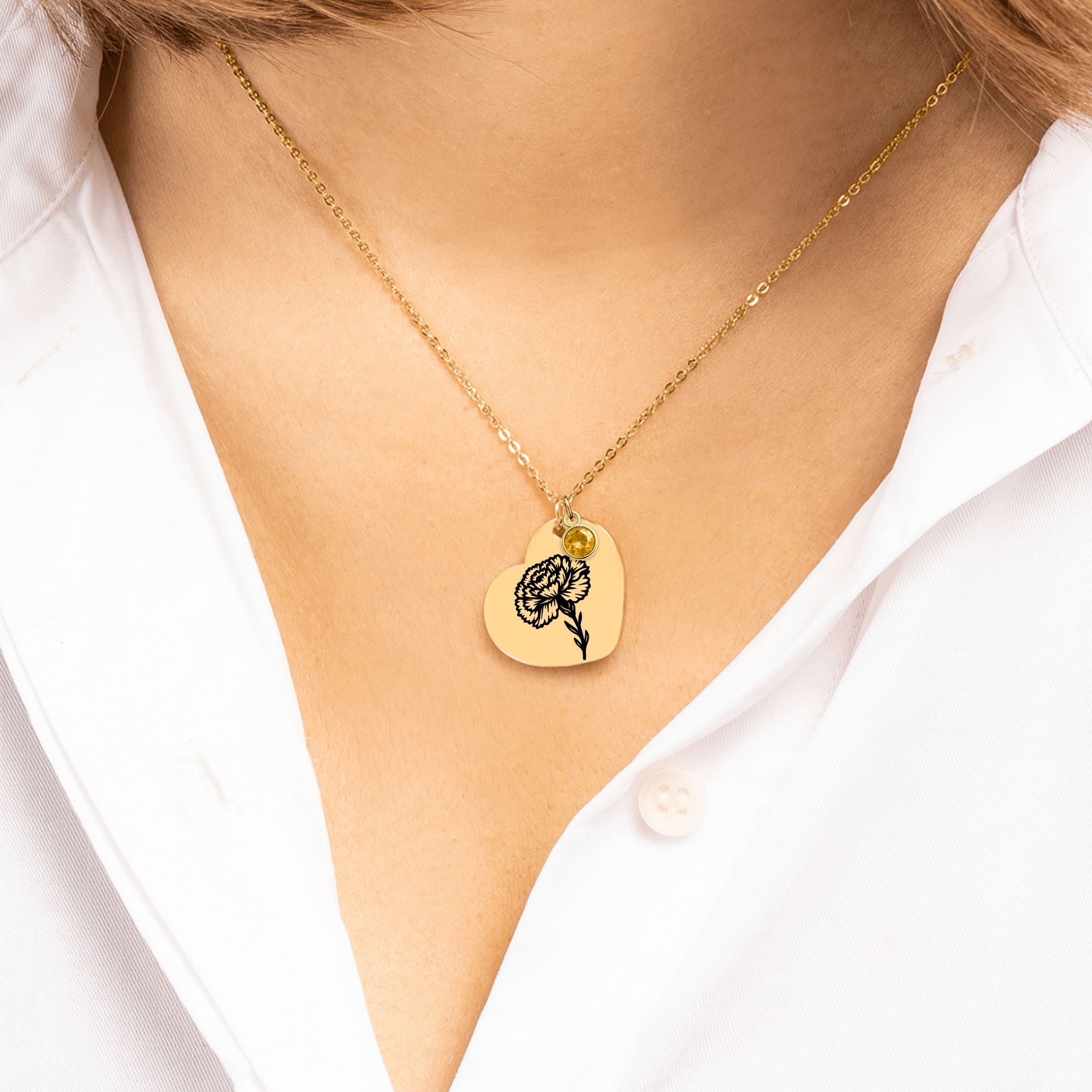 Birth Flower Necklace with Birthstone - Fine Link Heart Necklace