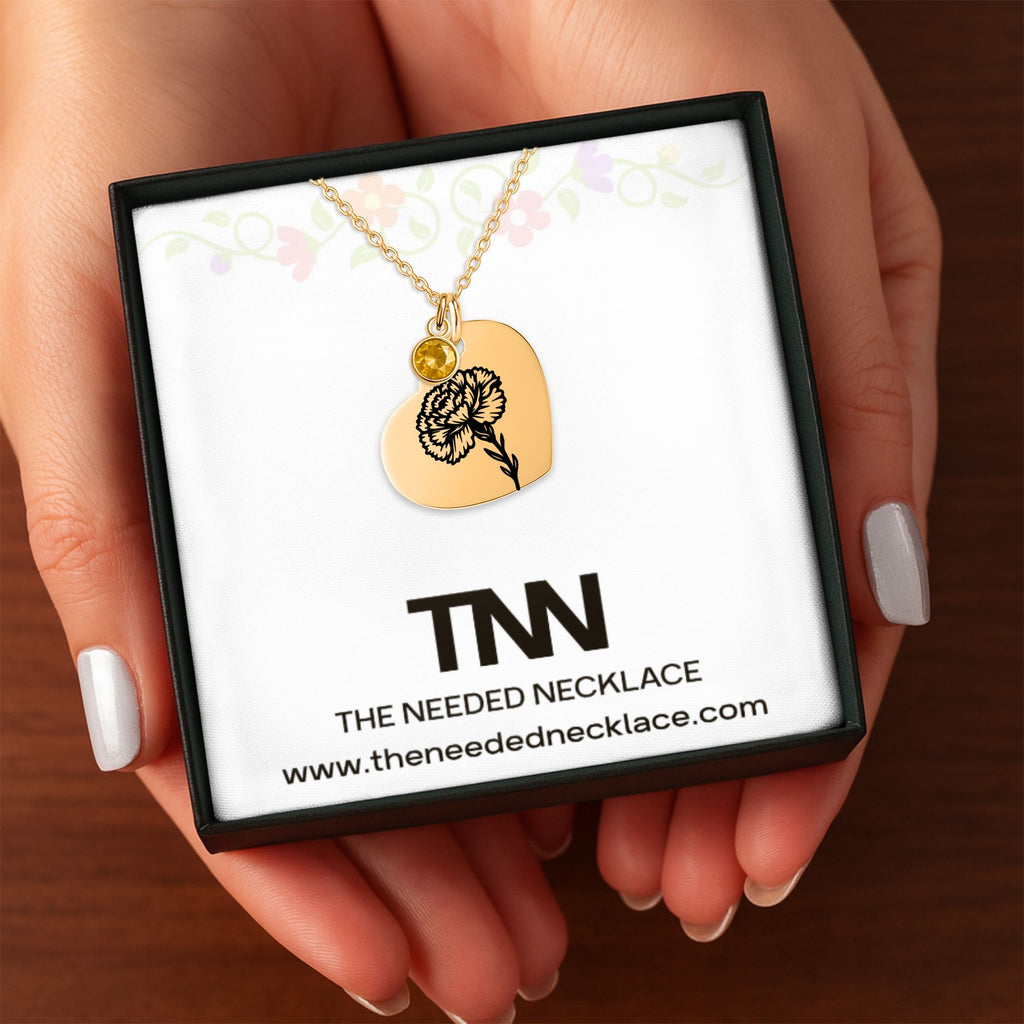 Birth Flower Necklace with Birthstone - Fine Link Heart Necklace