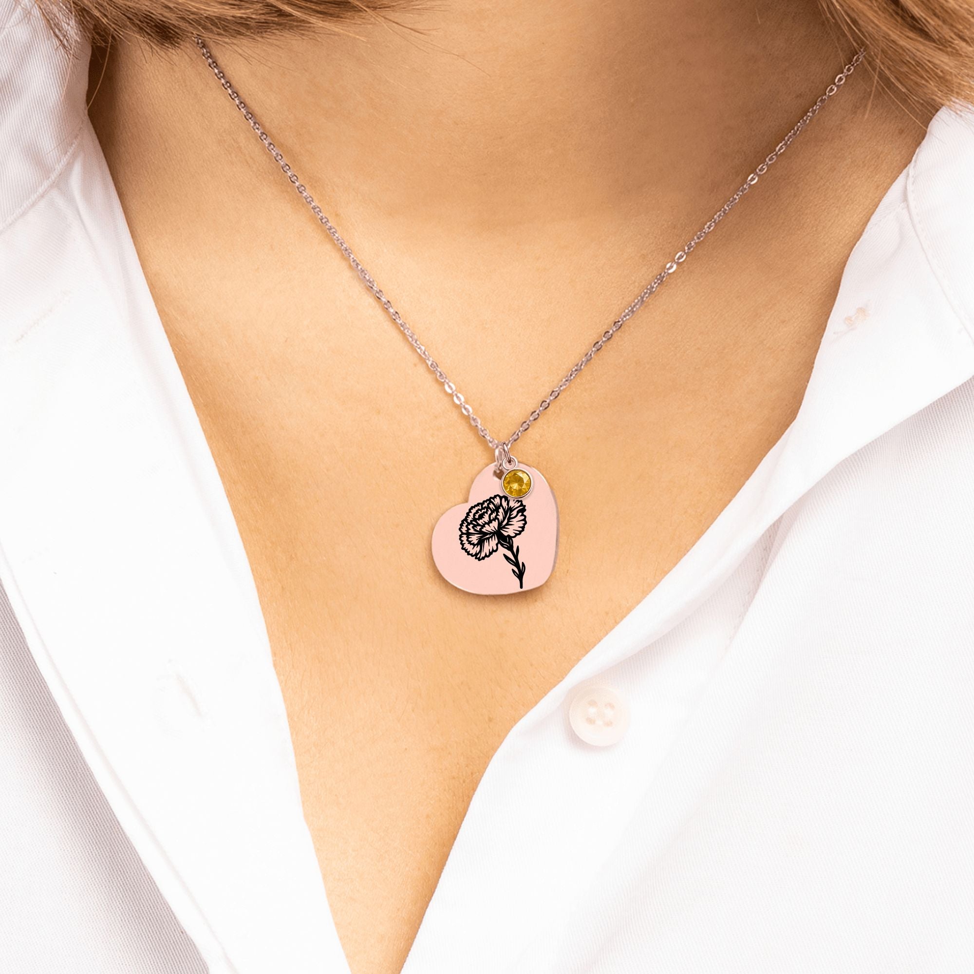 Birth Flower Necklace with Birthstone - Fine Link Heart Necklace