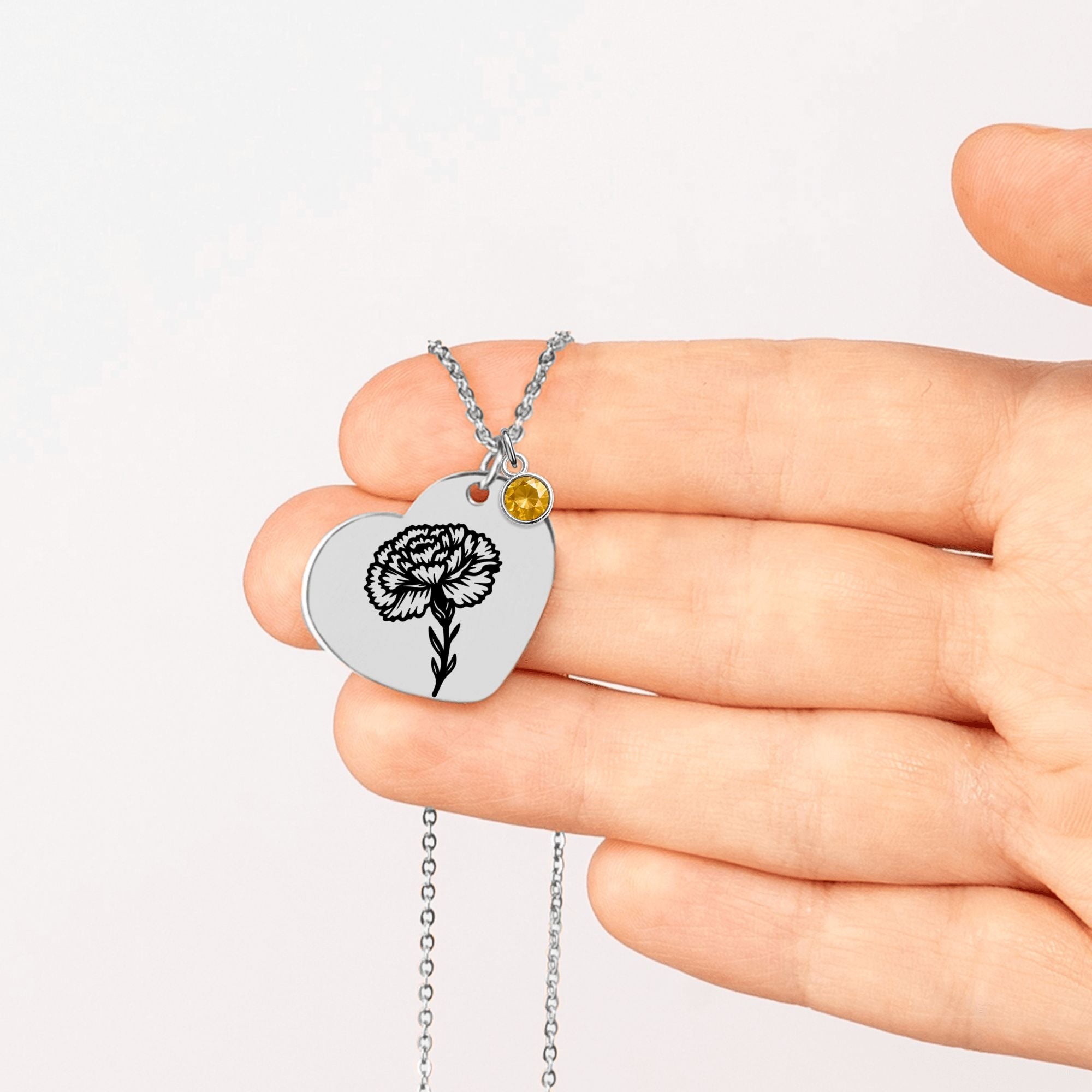 Birth Flower Necklace with Birthstone - Fine Link Heart Necklace